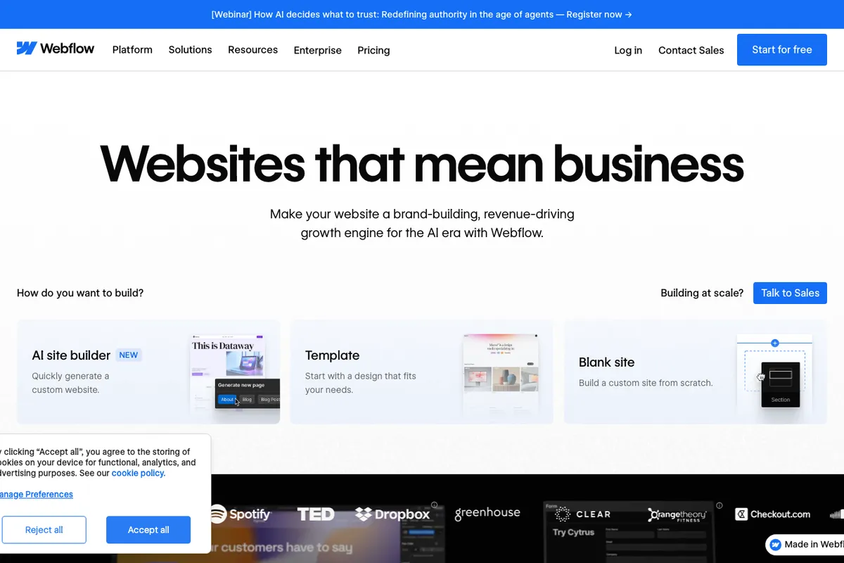Webflow homepage 2026 — professional website builder for design teams