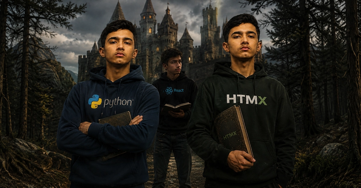 Split illustration comparing a cluttered React project file tree with a minimal Python HTMX setup, symbolizing the complexity gap between the two stacks