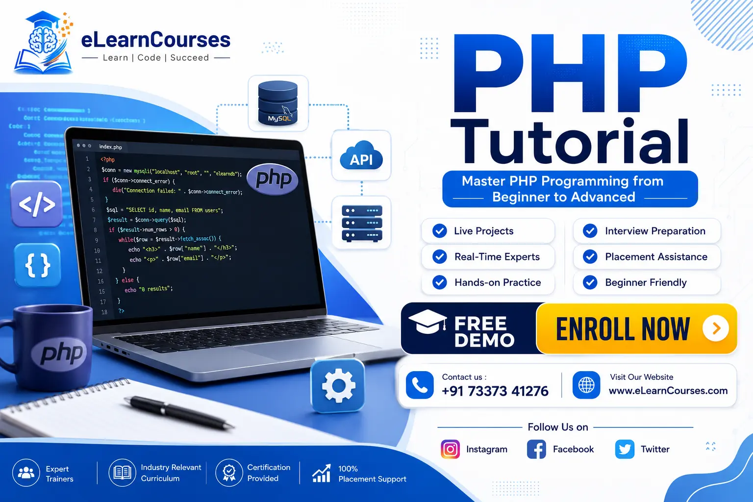 Cover graphic for a complete beginner-to-pro PHP tutorial for 2026, showing PHP server-side programming concepts and code