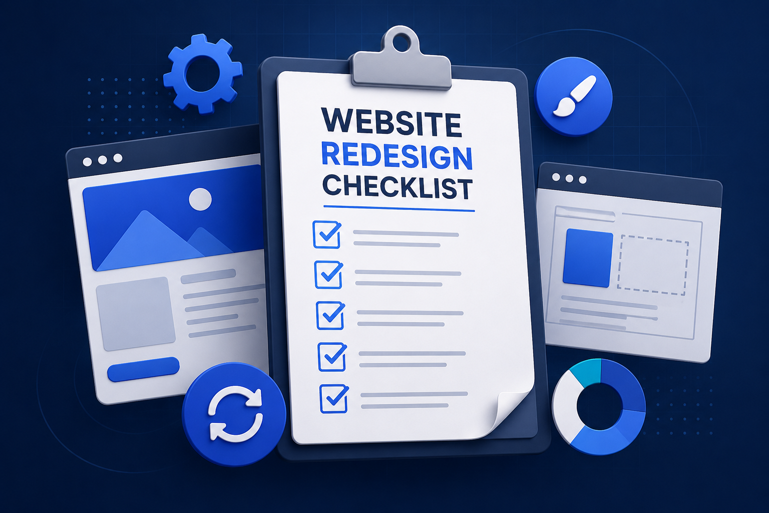 A 2026 website redesign checklist graphic showing the audit, redesign, and launch workflow, contrasting a website refresh with a full redesign.