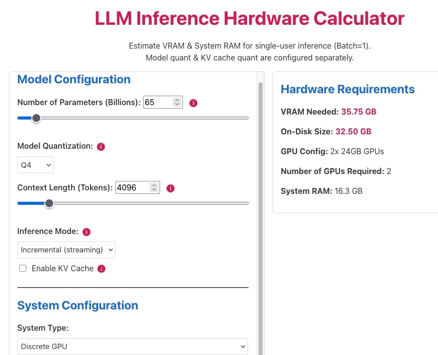 Screenshot illustrating local LLM hardware planning, showing GPU memory considerations for running large language models on consumer hardware.