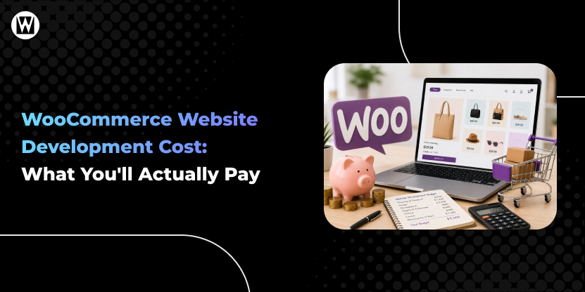 Illustration accompanying an article about WooCommerce website development cost, showing WooCommerce-branded imagery alongside cost and budget figures