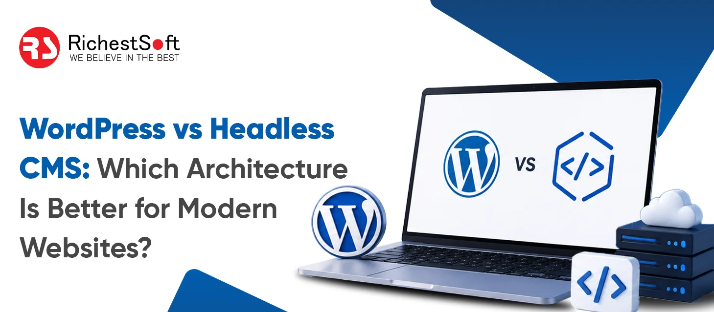Comparison graphic of WordPress's traditional coupled architecture versus a headless CMS architecture, illustrating the content backend separated from the front-end presentation layer.