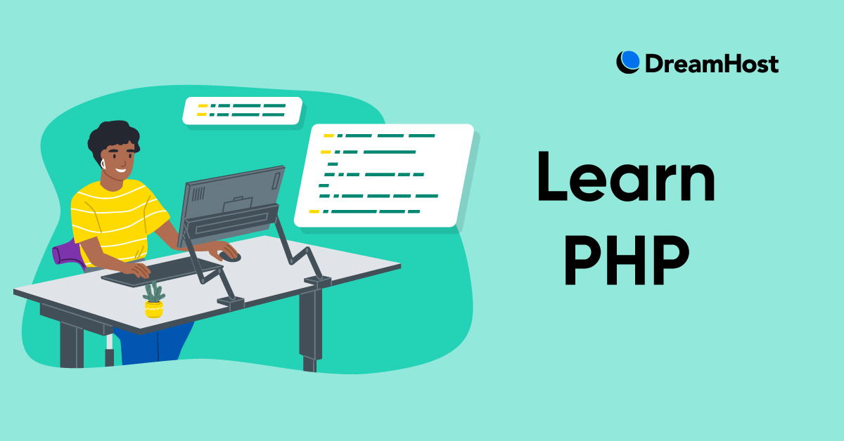 Social share graphic for a beginner's guide to learning PHP, featuring the title 'How to Learn PHP' with DreamHost blog branding on a colourful background