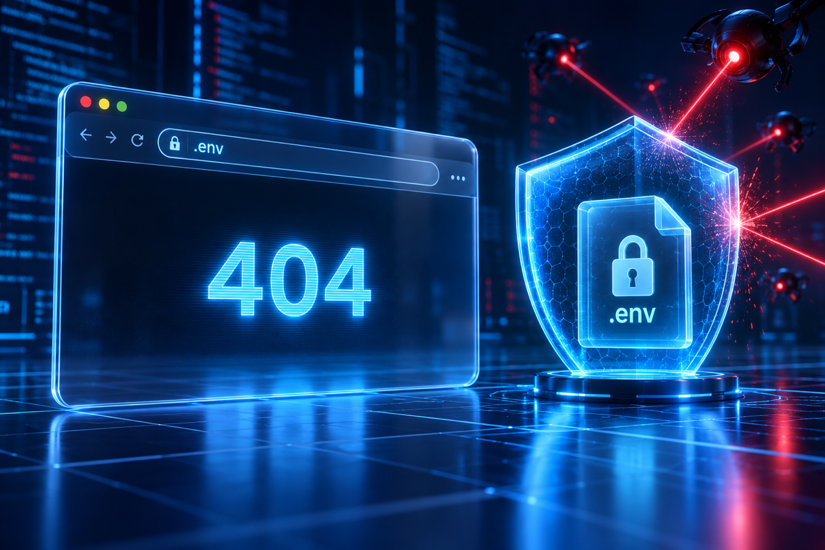 Browser showing a 404 for .env next to a locked .env file behind a shield
